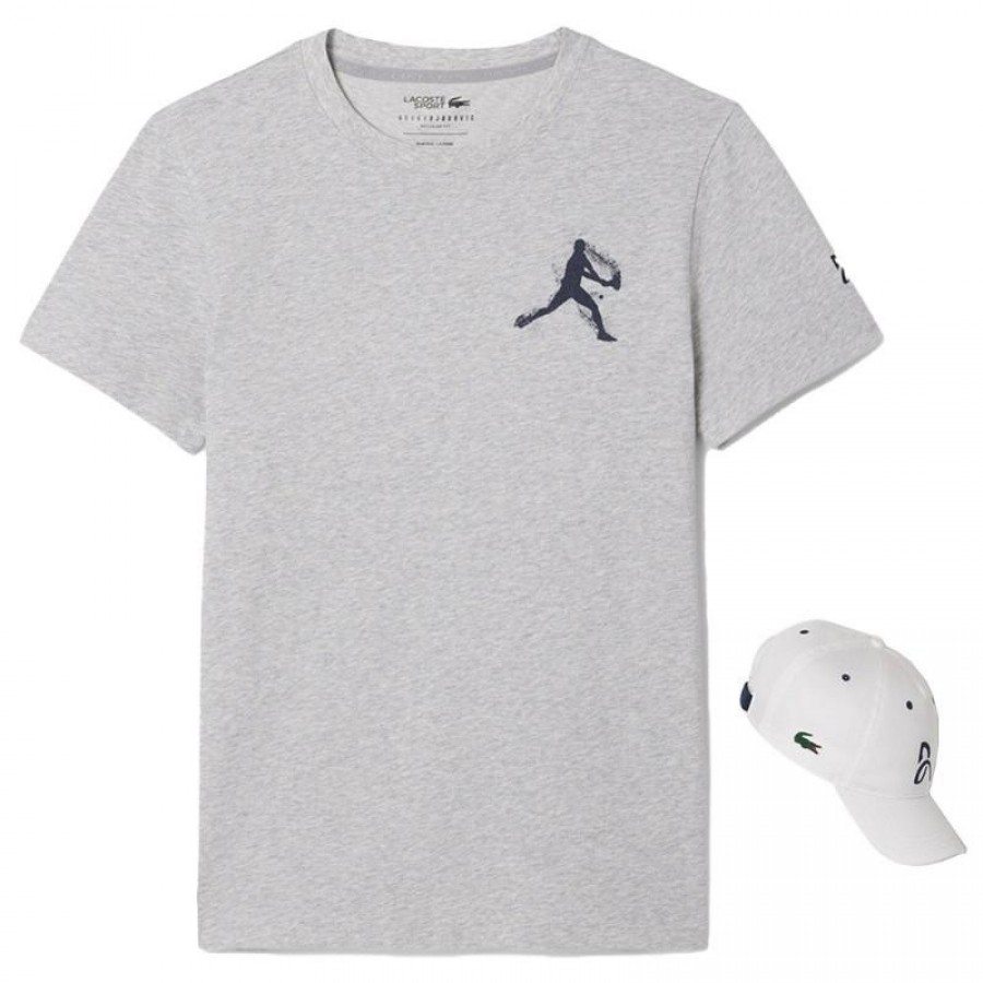 Pack Camiseta Lacoste Novak Djokovic Gris y Gorra Blanco